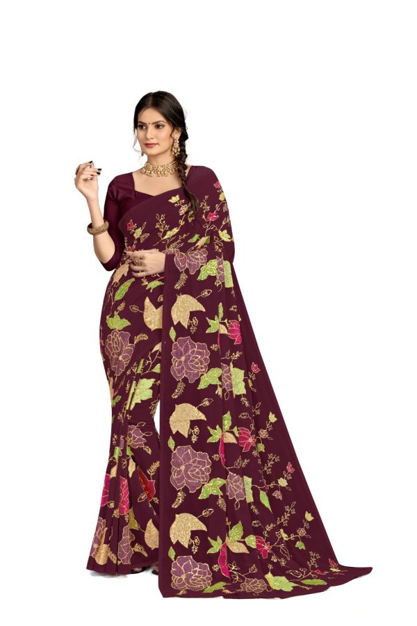 Graceful Purple Color Georgette Fancy Thread & Sequence Saree