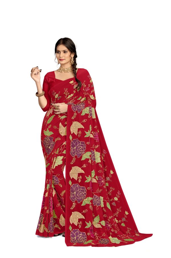 Graceful Red Color Georgette Fancy Thread & Sequence Saree