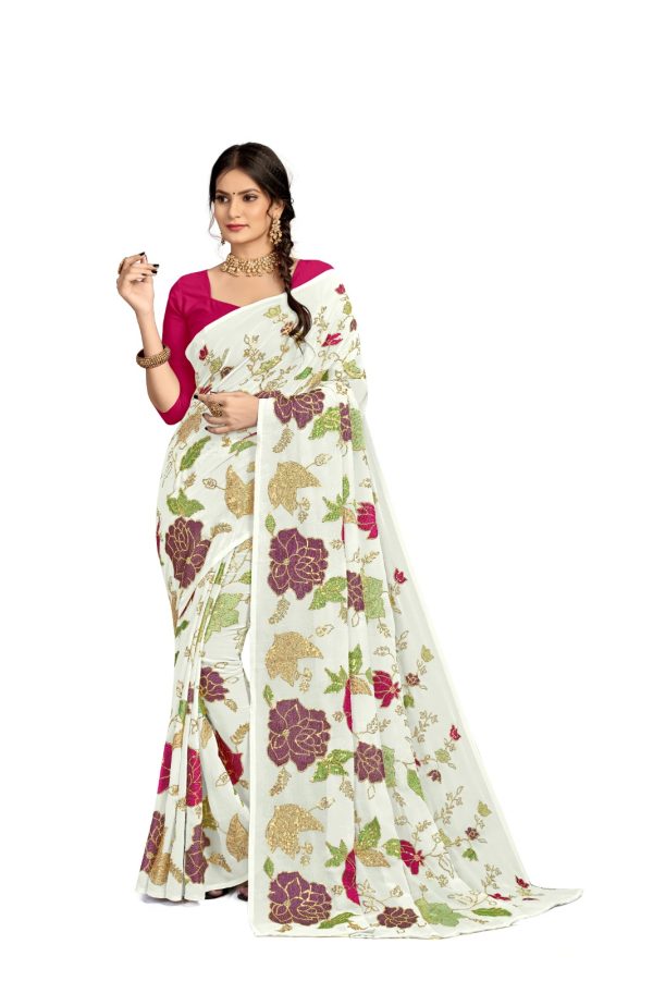 Graceful White Color Georgette Fancy Thread & Sequence Saree