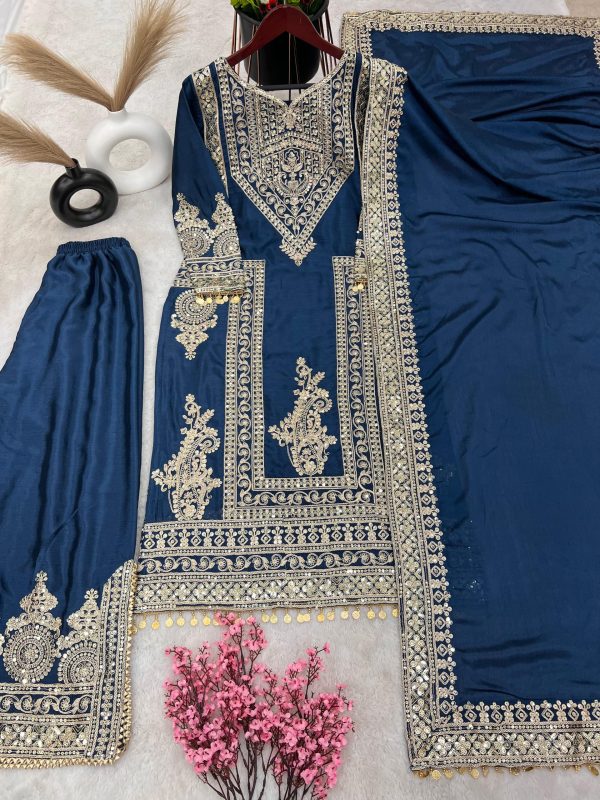 Grand Blue Color Chinnon Silk Embroidery Coding Salwar Suit