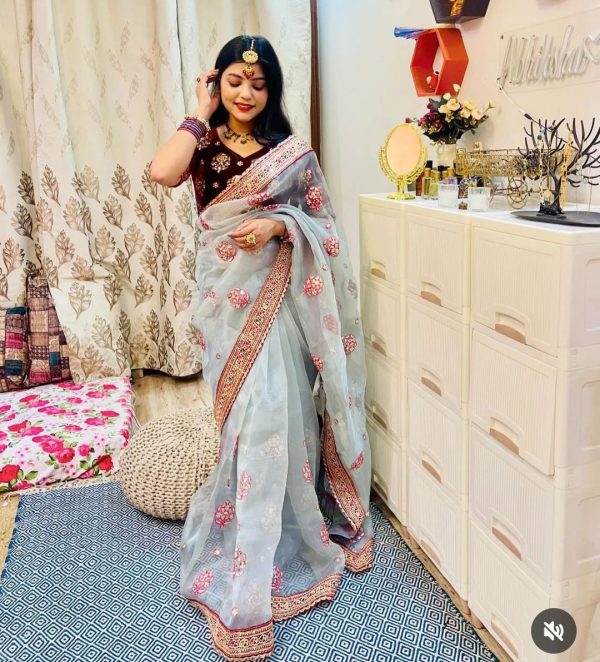 Luminous Ash Blue Color Organza Designer Multi Thread Saree