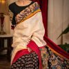 New Black And Cream Color Plain Linen Digital Printed Saree