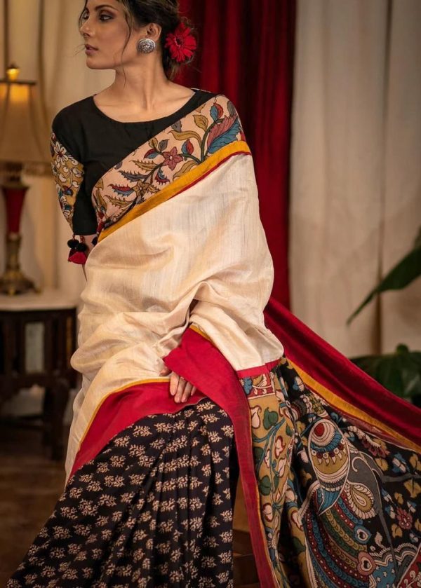 New Black And Cream Color Plain Linen Digital Printed Saree