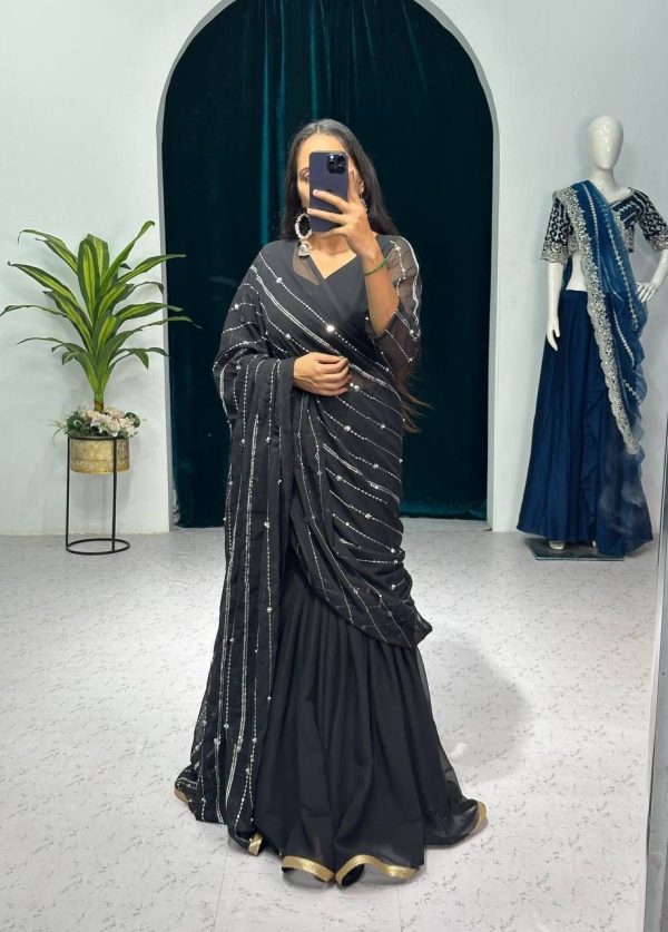 Nice Black Color Georgette Embroidery Moti Work Lehenga Saree