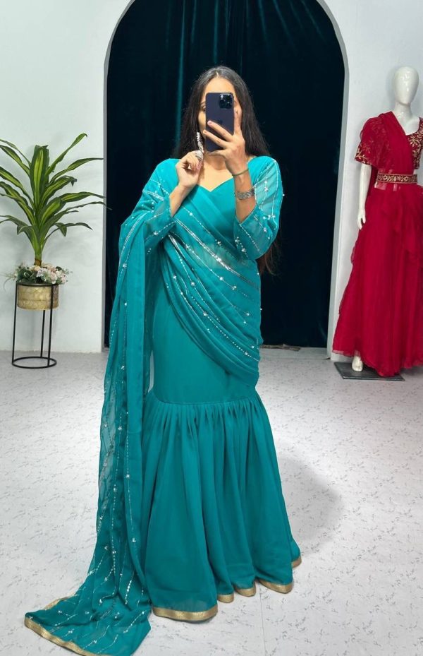 Nice Blue Color Georgette Embroidery Moti Work Lehenga Saree