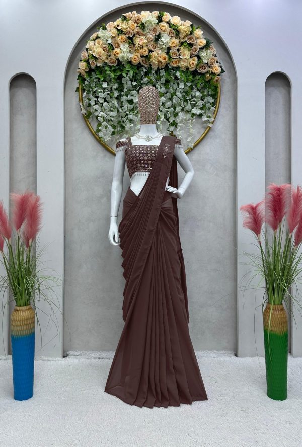 Nice Coffee Color Faux Georgette Ruffle Patch Work Saree