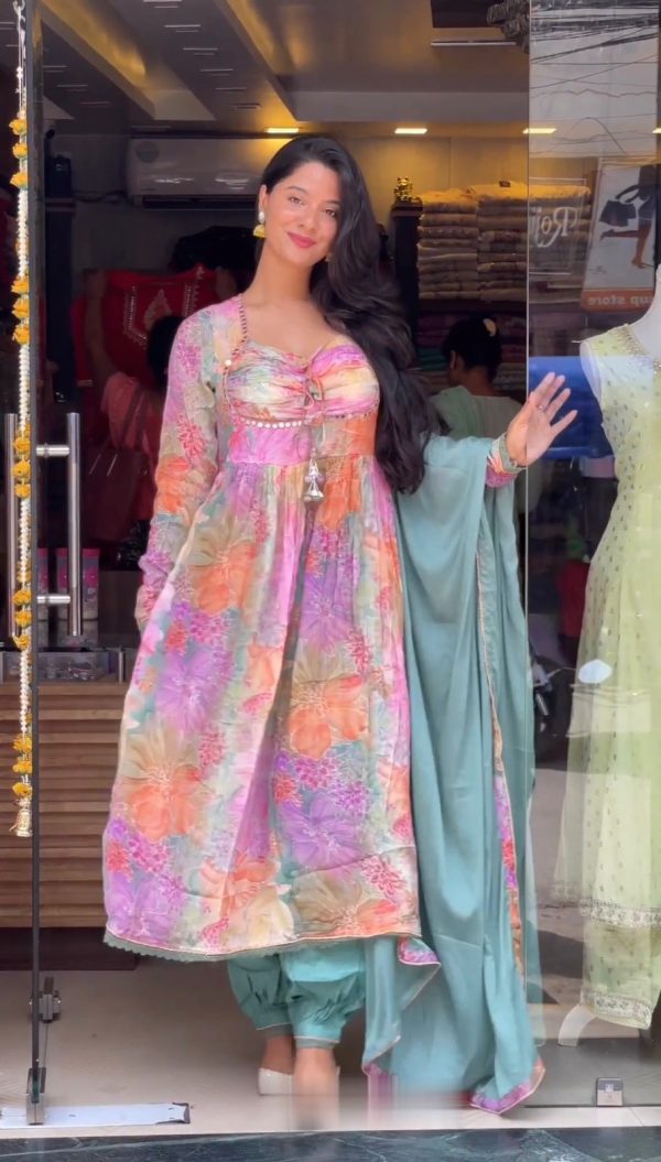 Nice Multi Color Chinon silk Digital Print real Mirror Work Kurti