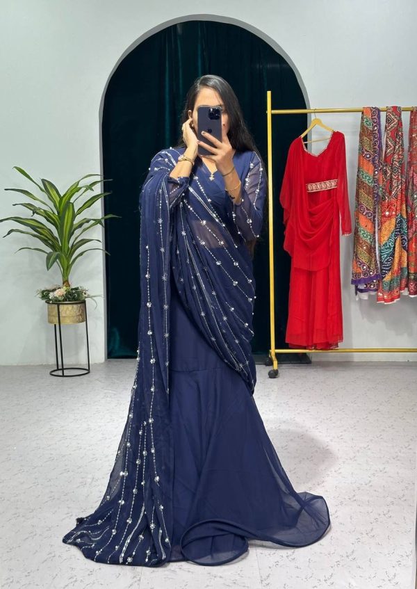 Nice Navy Blue Georgette Embroidery Moti Work Lehenga Saree