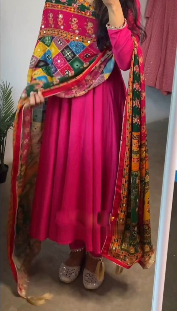 Nice Red Maliy Satin Digital Print Real Mirror Dupatta Anarkali Suit