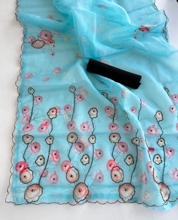 Perfect Blue Color Organza Beautiful Floral Digital Print Saree