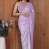 Perfect Lavender Color Georgette Double Run Embroidery Saree
