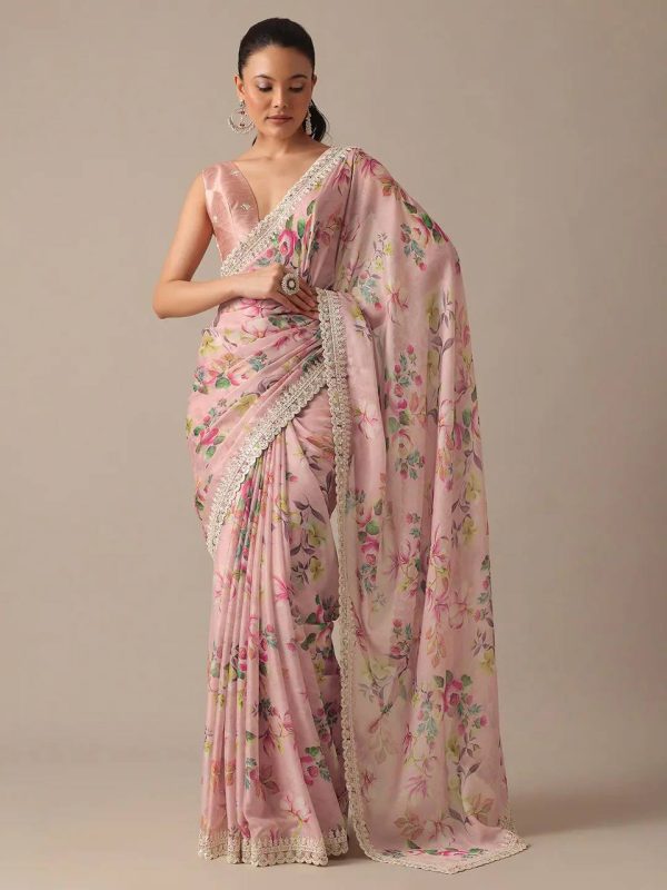 Perfect Pink Color Georgette Digital Prints Embroidery Saree