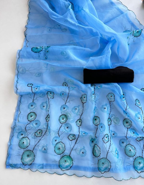 Perfect Royal Blue Color Organza Beautiful Digital Print Saree
