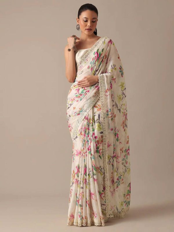 Perfect White Color Georgette Digital Prints Embroidery Saree