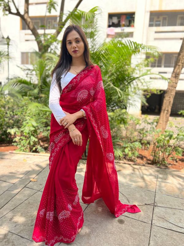 Picturesque Red Color Shining Diamond Work All Over Saree