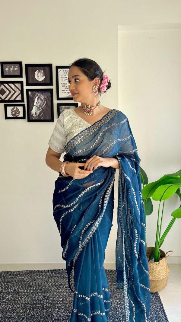 Pretty Blue Color Soft Organza Zari With Sequence Saree
