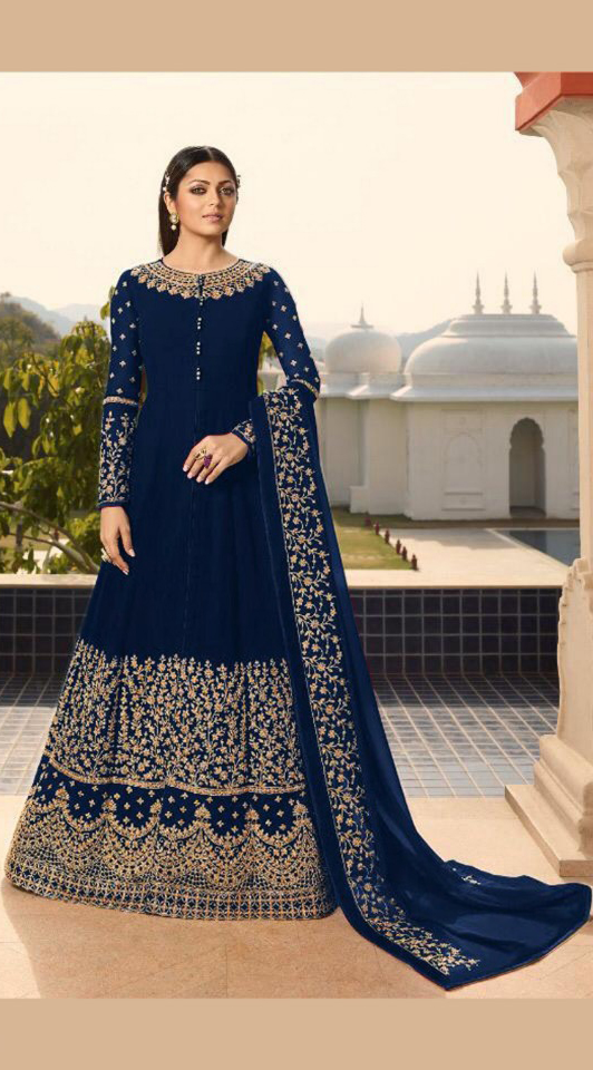 Pretty Navy Blue Color Georgette With Cording Work Sharara Suit