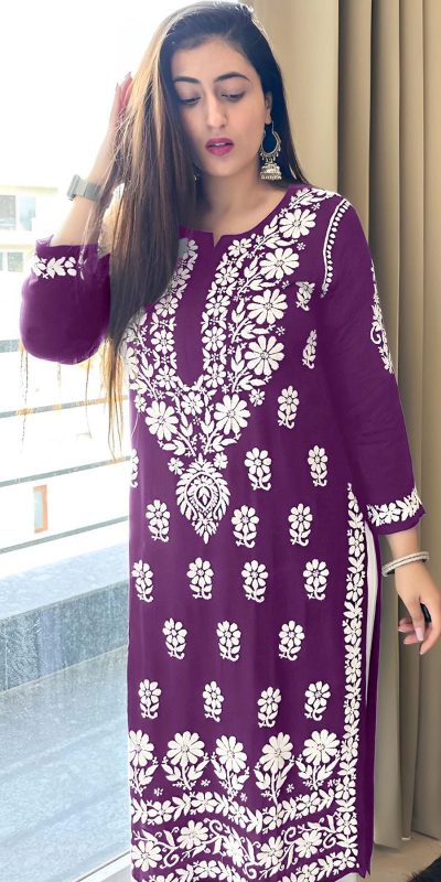 Pretty Purple Color Heavy Rayon Cotton Style Embroidery Kurti