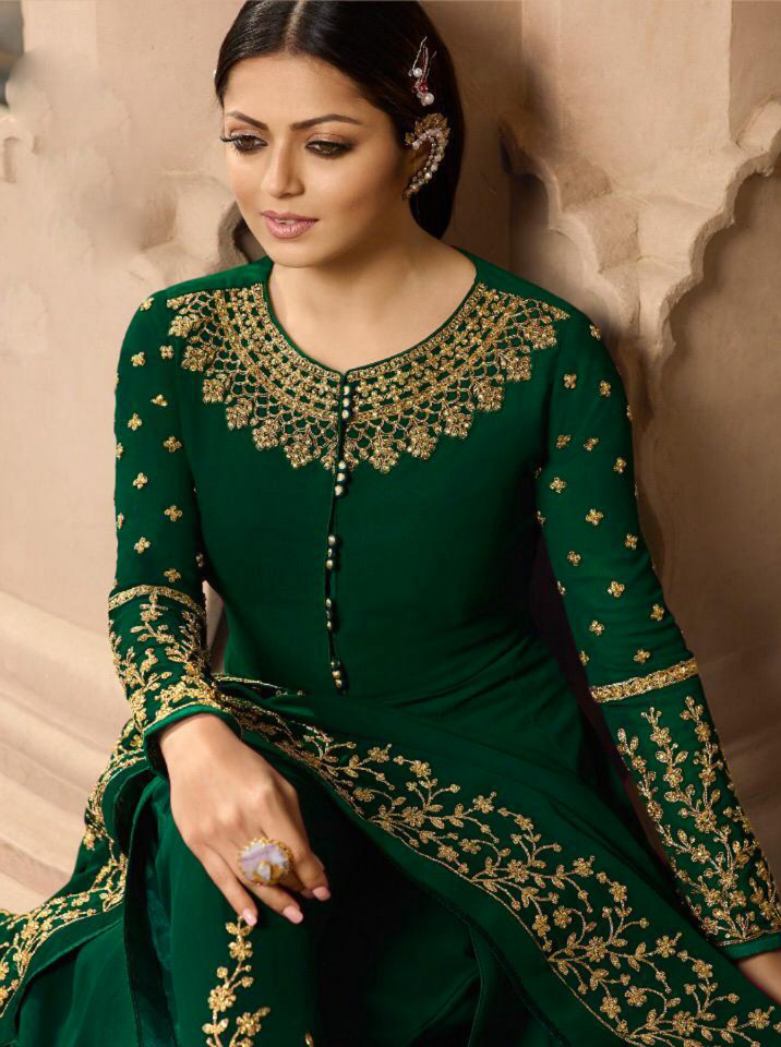 Pretty Stone Green Color Georgette Cording Work Sharara Suit - Image 2
