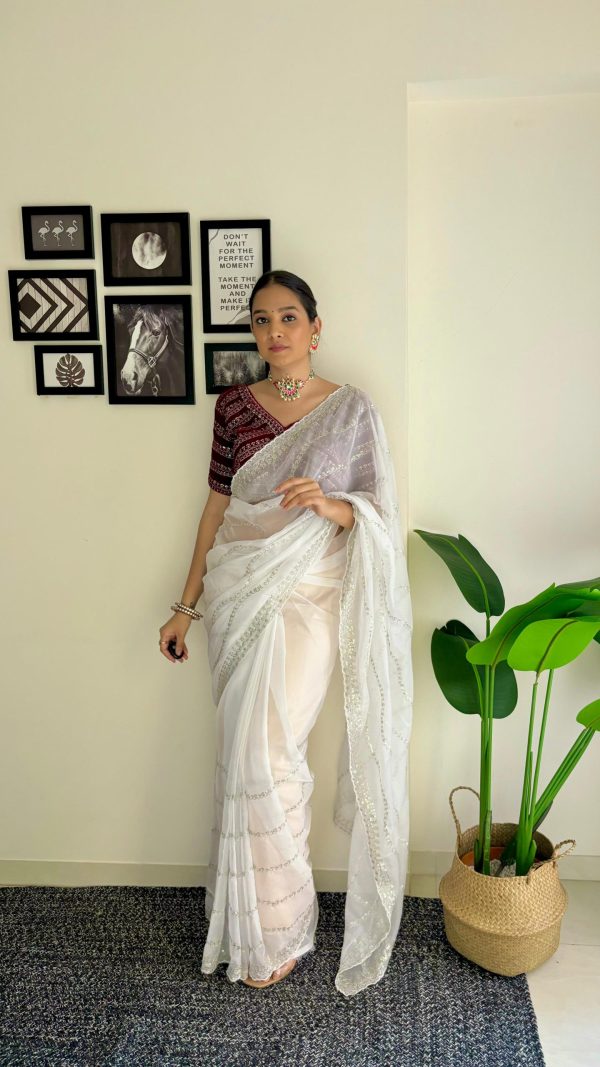 Pretty White Color Soft Organza Zari With Sequence Saree