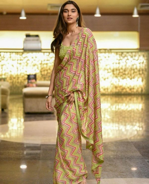 Saiee Manjrekar Green Georgette Digital Printed Silk Lines Saree