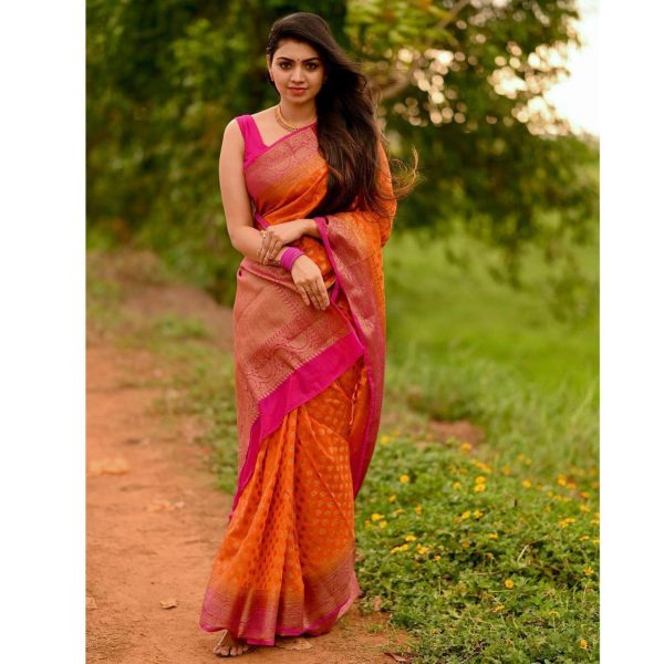 Stylish Orange Color Soft Lichi Silk Cloth Rich Pallu All Over Saree 3 2