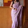 Stylish Violet Color Vichitra Silk Cotton Embroidery Work Saree