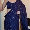 Superb Blue Color Georgette Embroidery Cotton Thread Saree