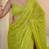 Superb Green Color Georgette Embroidery Cotton Thread Saree