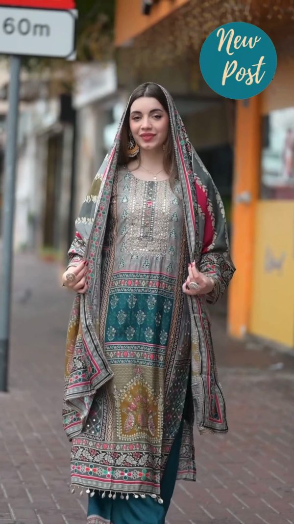 Superb Grey Color Maslin Embroidery Printed Mirror Salwar Suit
