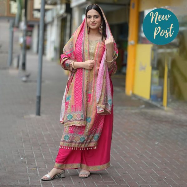 Superb Pink Color Maslin Embroidery Printed Mirror Salwar Suit