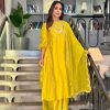 Superb Yellow Chinnon Silk Embroidery Sequence Salwar Suit