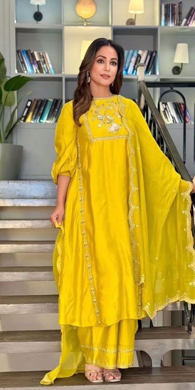 Superb Yellow Chinnon Silk Embroidery Sequence Salwar Suit