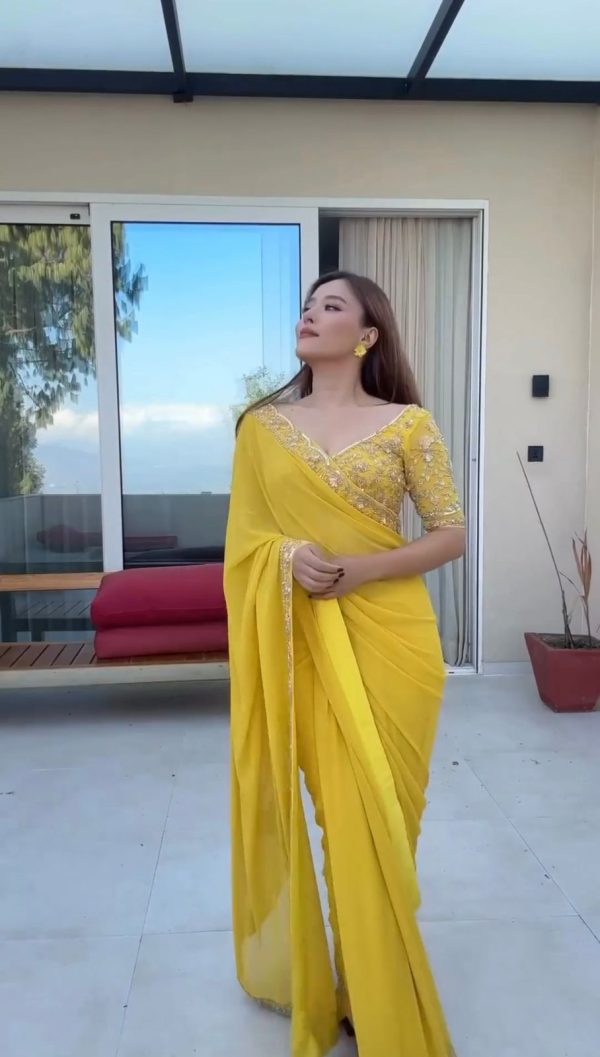 Superb Yellow Color Faux Georgette Thread With Sequence Saree