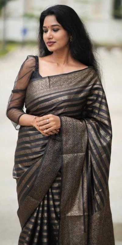 KP 4085 Black Color Soft Lichi Silk Jacquard On All Over Saree Casual, Party Wear, Wedding, Events Etc. Expected Delivery 4-6 Working Days @1399/- | Bollywood Sarees, Creative Sarees, Designer Sarees, Embroidered Sarees, Ethnic Saree, Modern Digital sarees, Party Wear Sarees, Sarees