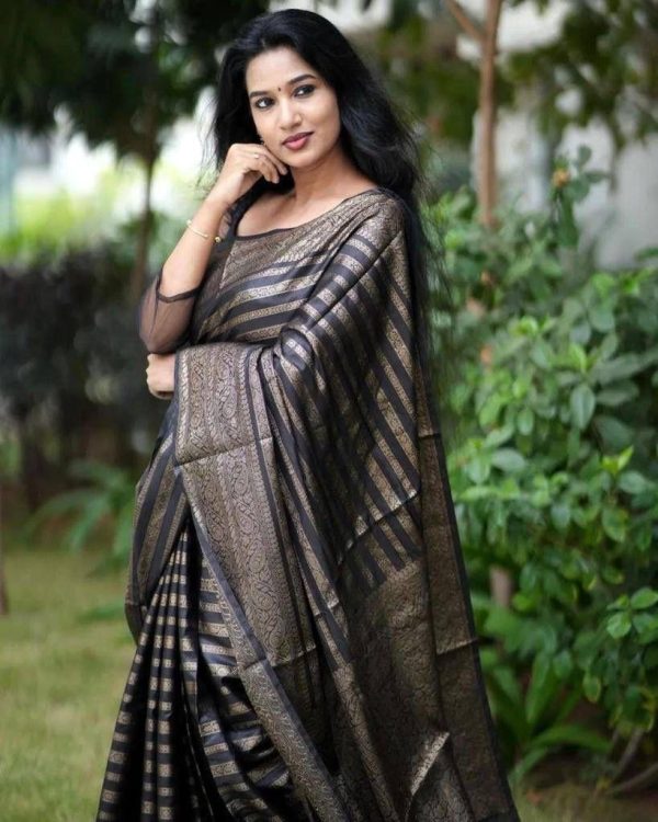 KP 4085 Black Color Soft Lichi Silk Jacquard On All Over Saree Casual, Party Wear, Wedding, Events Etc. Expected Delivery 4-6 Working Days @1399/- | Bollywood Sarees, Creative Sarees, Designer Sarees, Embroidered Sarees, Ethnic Saree, Modern Digital sarees, Party Wear Sarees, Sarees