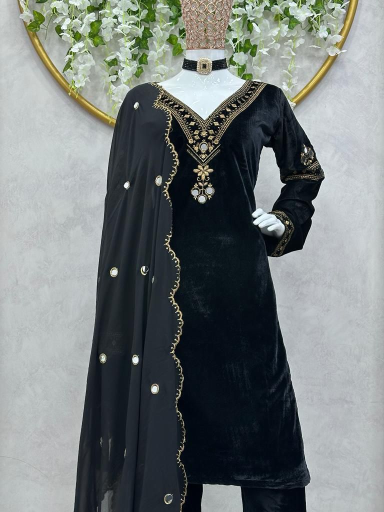 KD 1366 Blue Velvet Thread Work With Real Mirror Salwar Suit Work : Embroidery With Sequence Thread Work Party, Wedding, Festive @2049/- Only | Casual Suits, Creative suits, Designer Suits, Palazzo Suits, Party Wear Suits, Salwar suit, Straight Suits