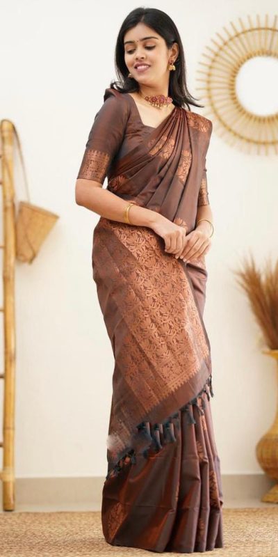 KP 4064 Coffee Color Soft Lichi Silk Jacquard On All Over Saree Casual, Party Wear, Wedding, Events Etc. Expected Delivery 4-6 Working Days @1249/- | Bollywood Sarees, Creative Sarees, Designer Sarees, Embroidered Sarees, Ethnic Saree, Modern Digital sarees, Party Wear Sarees, Sarees