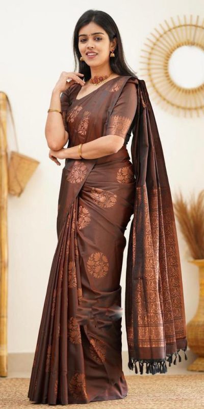 KP 4064 Coffee Color Soft Lichi Silk Jacquard On All Over Saree Casual, Party Wear, Wedding, Events Etc. Expected Delivery 4-6 Working Days @1249/- | Bollywood Sarees, Creative Sarees, Designer Sarees, Embroidered Sarees, Ethnic Saree, Modern Digital sarees, Party Wear Sarees, Sarees