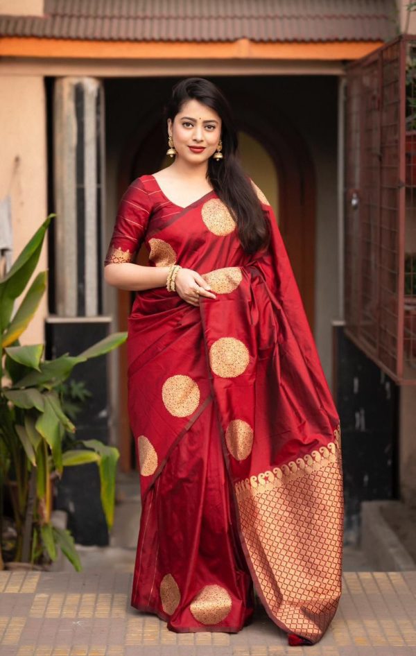 KP 5062 Maroon Color Soft Lichi Silk Jacquard On All Over Saree Casual, Party Wear, Wedding, Events Etc. Expected Delivery 4-6 Working Days @1299/- | Bollywood Sarees, Creative Sarees, Designer Sarees, Embroidered Sarees, Ethnic Saree, Modern Digital sarees, Party Wear Sarees, Sarees
