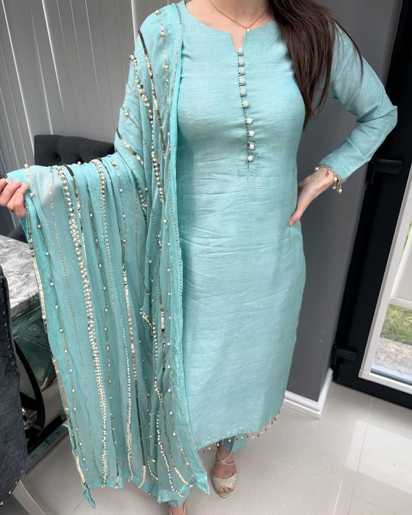 Aglow Blue Chinnon Silk Embroidery Coding Dori Salwar Suit