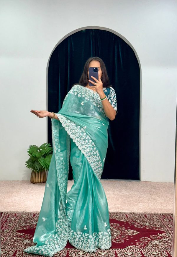 Aglow Blue Color Burberry With Blooming Embroidery Saree