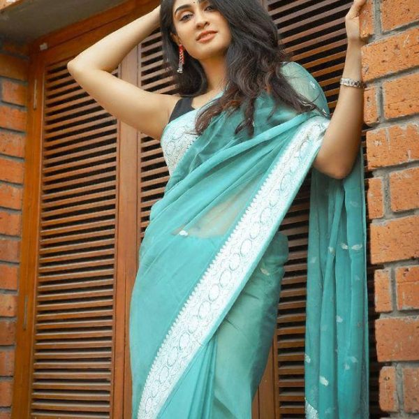 Aglow Blue Color Soft Lichi Silk Ordinary Design Rich Pallu Saree