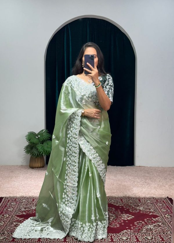 Aglow Green Color Burberry With Blooming Embroidery Saree