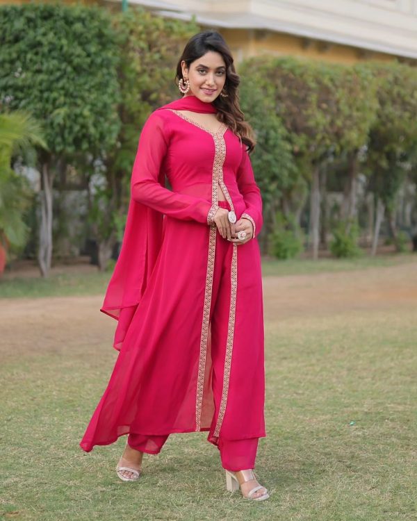 Aglow Pink Color Georgette Embroidery Sequence Salwar Suit