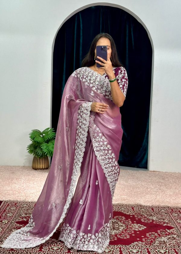 Aglow Purple Color Burberry With Blooming Embroidery Saree