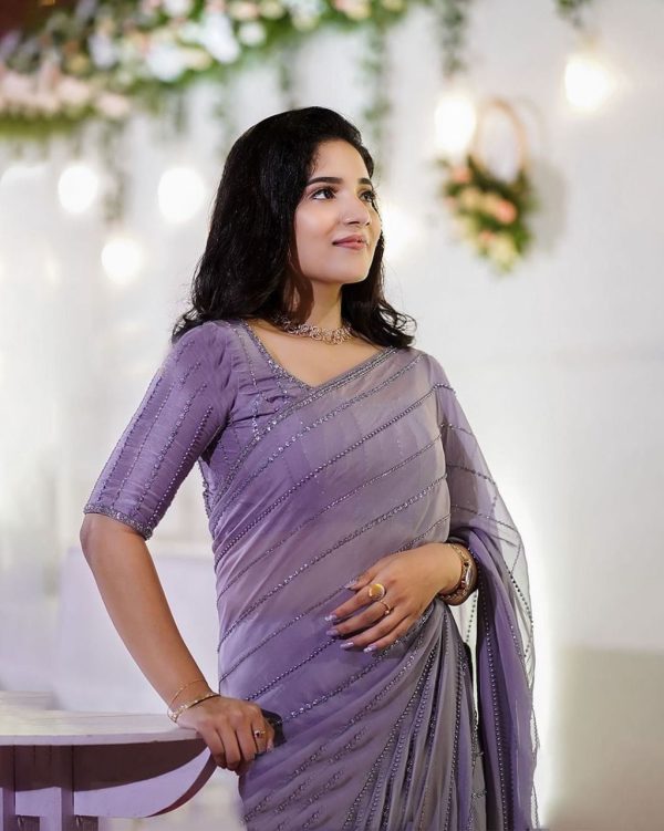 Aglow Purple Color Georgette Sequence Multi & Pearl Work Saree