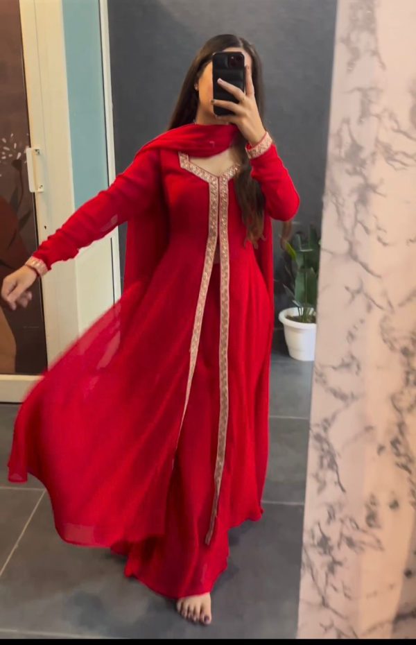 Aglow Red Color Georgette Embroidery Sequence Salwar Suit