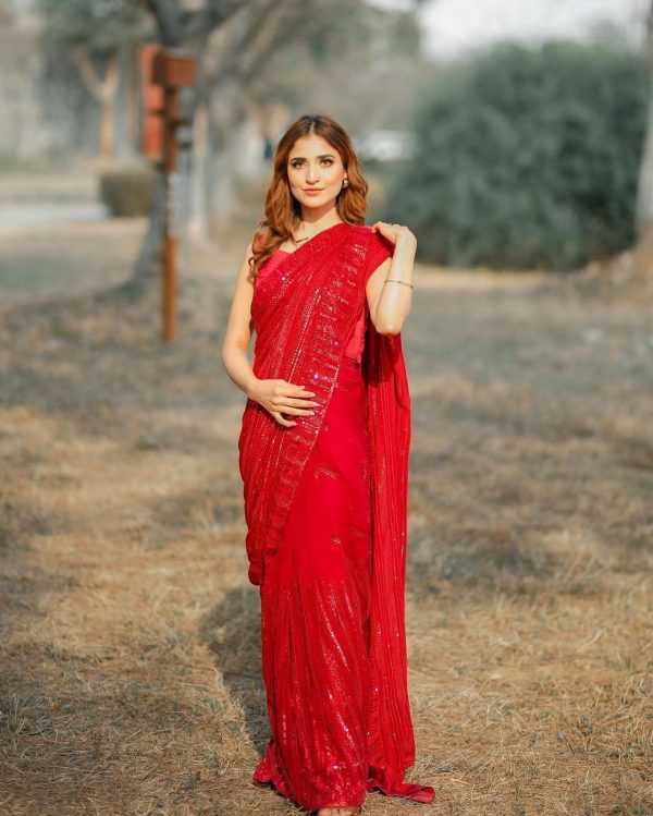 Aglow Red Color Georgette Sequins Embroidery Work Saree