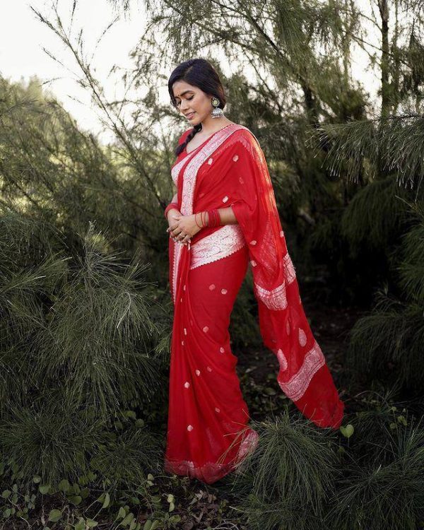 Aglow Red Color Soft Lichi Silk Ordinary Design Rich Pallu Saree